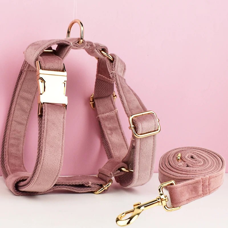 Petspuff Personalised Velvet Dog Harness & Lead Set – Heavy-Duty Metal Hardware | Many Colours - Petspuff