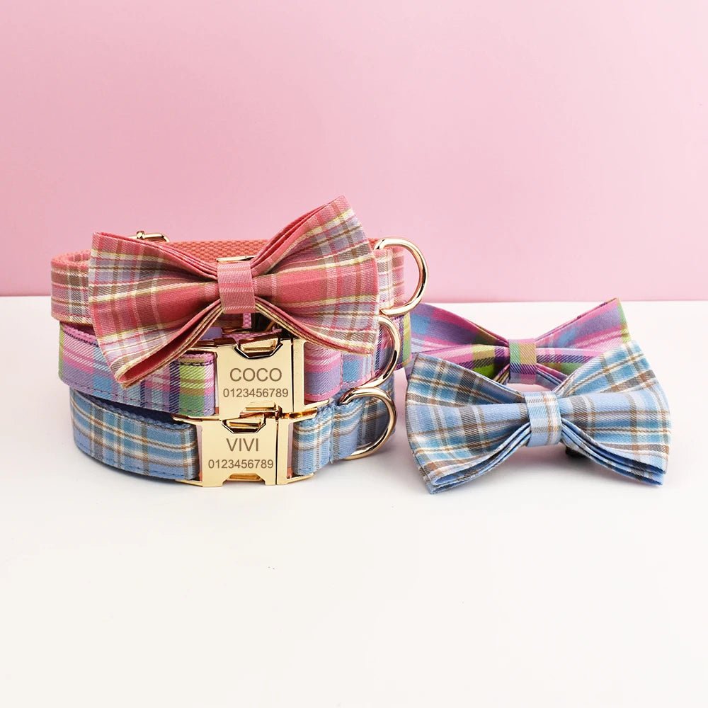 Petspuff Personalised Plaid Bow Dog Collar & Lead – Engraved Name Tag | 7 Designs, XS–XL - Petspuff