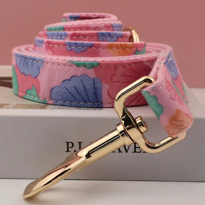 Petspuff Personalised Pink Shell Print Dog Collar & Lead – Engraved Name Tag | Medium & Large Dogs