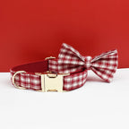 Petspuff Personalised Red Plaid Dog Collar, Harness & Lead Set – Engraved Name Tag & Bow | Style 28