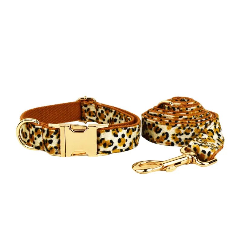 Petspuff Personalised Leopard Print Dog Collar & Lead Set – Engraved Name Tag, Harness & Poop Bag Holder