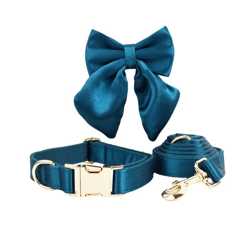 Petspuff Personalised Silky Crystal Print Dog Collar, Harness & Lead Set – Engraved Name Tag & Bow Tie