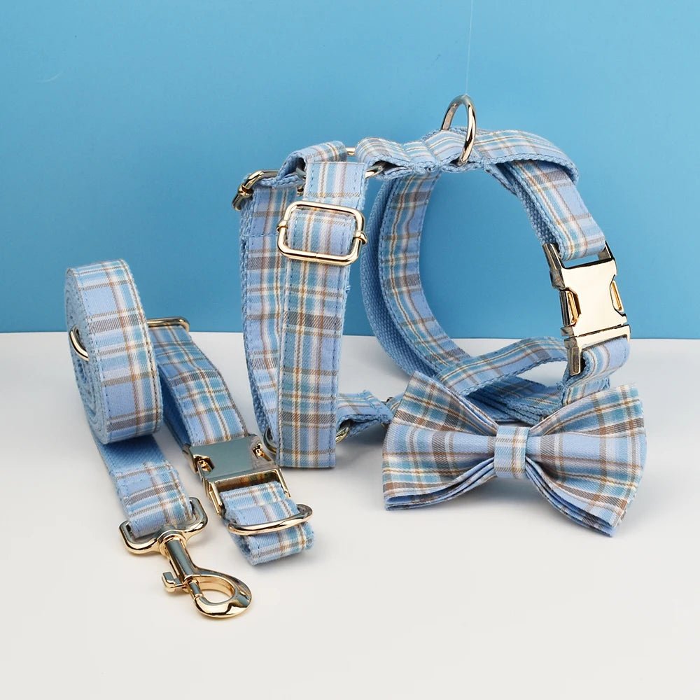 Petspuff Personalised Check Plaid Dog Collar & Lead Set – Engraved Name Tag, Bow & Harness
