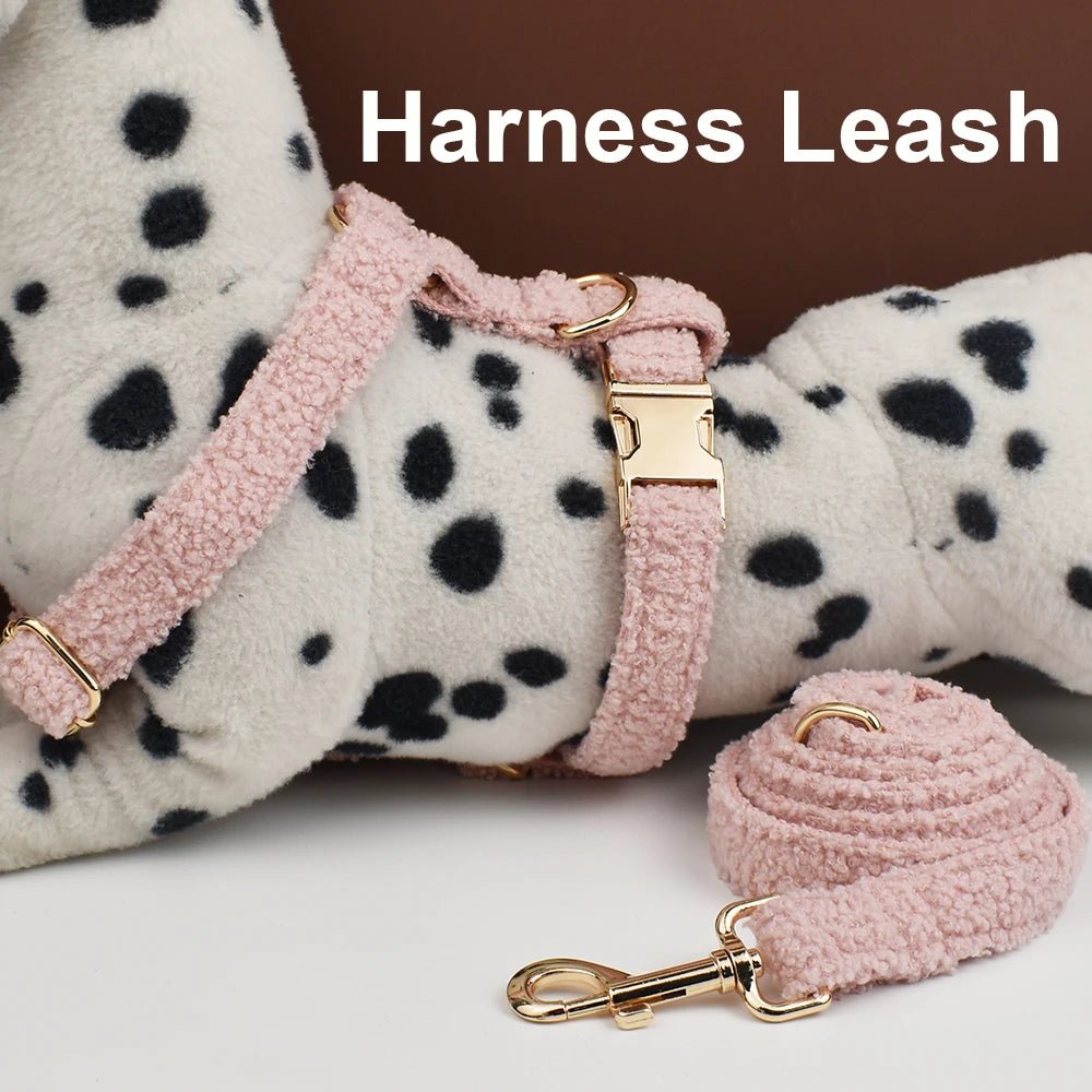 Petspuff Personalised Teddy Fleece Dog Collar & Lead Set – Engraved Name Tag, Harness | 4 Colours - Petspuff