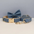 Petspuff Personalised Denim Print Dog Collar & Lead Set – Engraved Name Tag, Bow & Harness