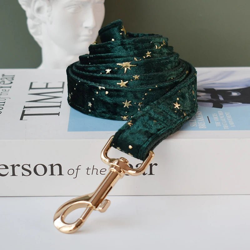 Petspuff Personalised Green Velvet Dog Harness & Lead – Engraved ID Tag, Gold Hardware & Bow - Petspuff