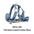 Petspuff Personalised Blue Denim Cotton Dog Collar, Harness & Lead Set – Engraved Name Tag & Bow