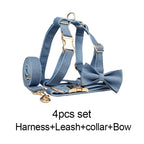 Petspuff Personalised Blue Denim Cotton Dog Collar, Harness & Lead Set – Engraved Name Tag & Bow