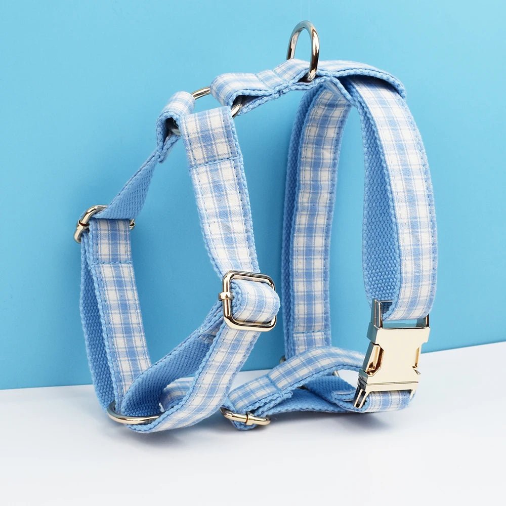 Petspuff Personalised Plaid Dog Collar, Harness & Lead Set – Engraved Name Tag & Bow | Style 29