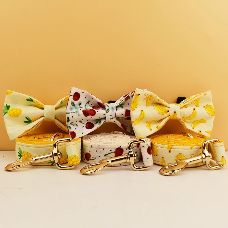Petspuff Personalised Fruit & Animal Print Bow Tie Dog Collar & Lead – Engraved Name Tag | 8 Designs - Petspuff