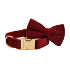 Petspuff Personalised Wine Red Corduroy Dog Collar & Lead Set – Engraved Name Tag, Bow & Harness