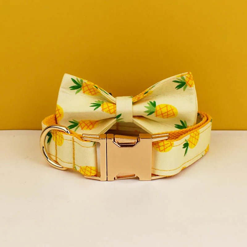 Petspuff Personalised Pineapple Print Dog Collar, Harness & Lead Set – Engraved Name Tag & Bow - Petspuff