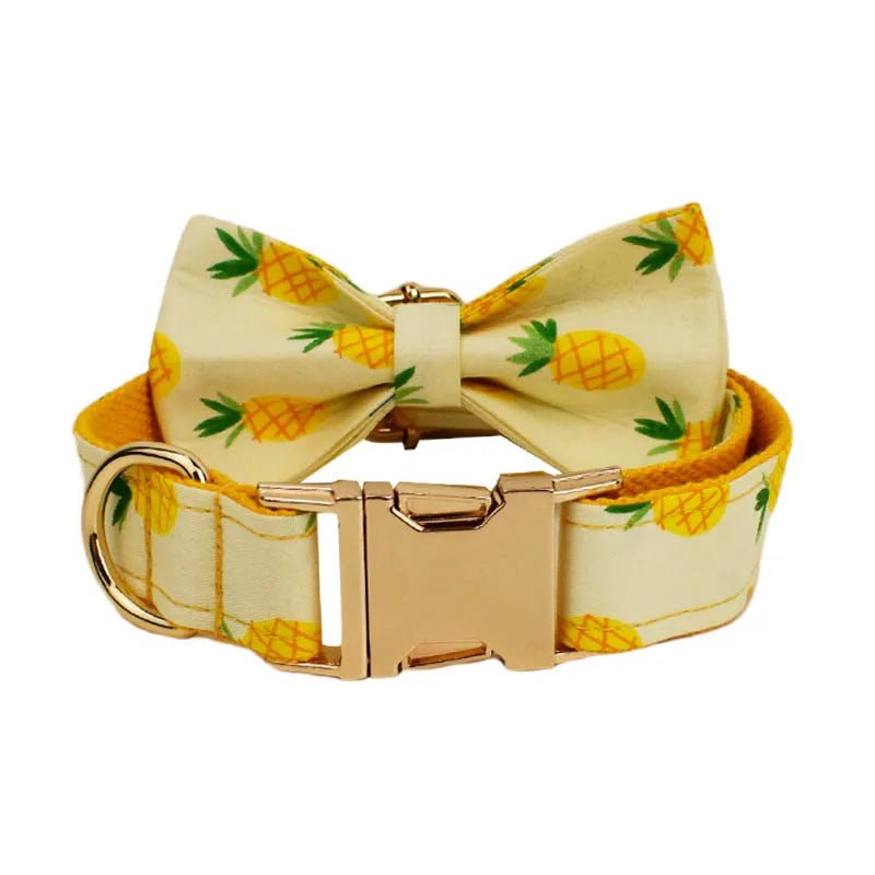 Petspuff Personalised Pineapple Print Dog Collar, Harness & Lead Set – Engraved Name Tag & Bow - Petspuff