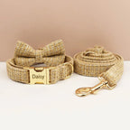 Petspuff Personalised Light Khaki Dog Collar, Harness & Lead Set – Engraved Nameplate & Bow