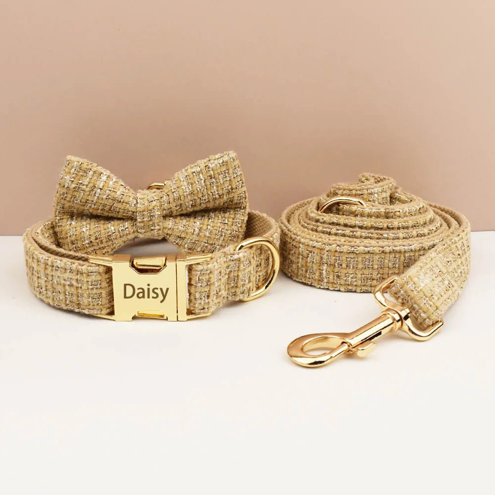Petspuff Personalised Light Khaki Dog Collar, Harness & Lead Set – Engraved Nameplate & Bow