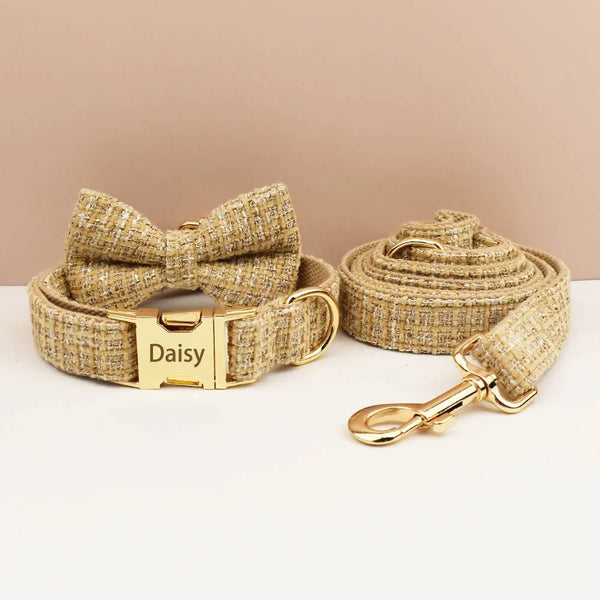 Petspuff Personalised Light Khaki Dog Collar, Harness & Lead Set – Engraved Nameplate & Bow