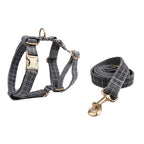 Petspuff Personalised Grey Check Dog Collar, Harness & Lead Set – Engraved Name Tag, Bow & Poop Bag Holder