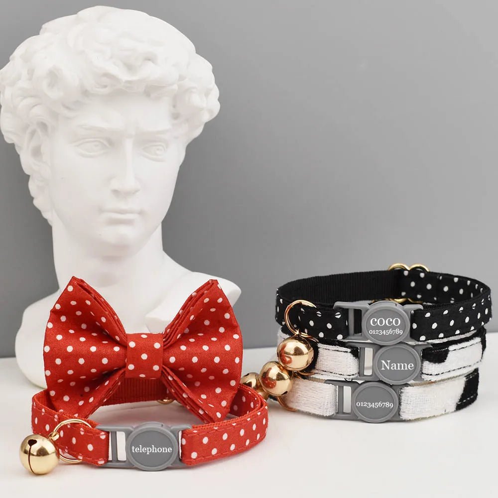 Petspuff Personalised Cat Collar with Bow & Safety Buckle – Engraved Name Tag | Soft Kitten Collar