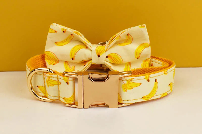 Petspuff Personalised Banana Print Dog Collar, Harness & Lead Set – Engraved Name Tag & Bow