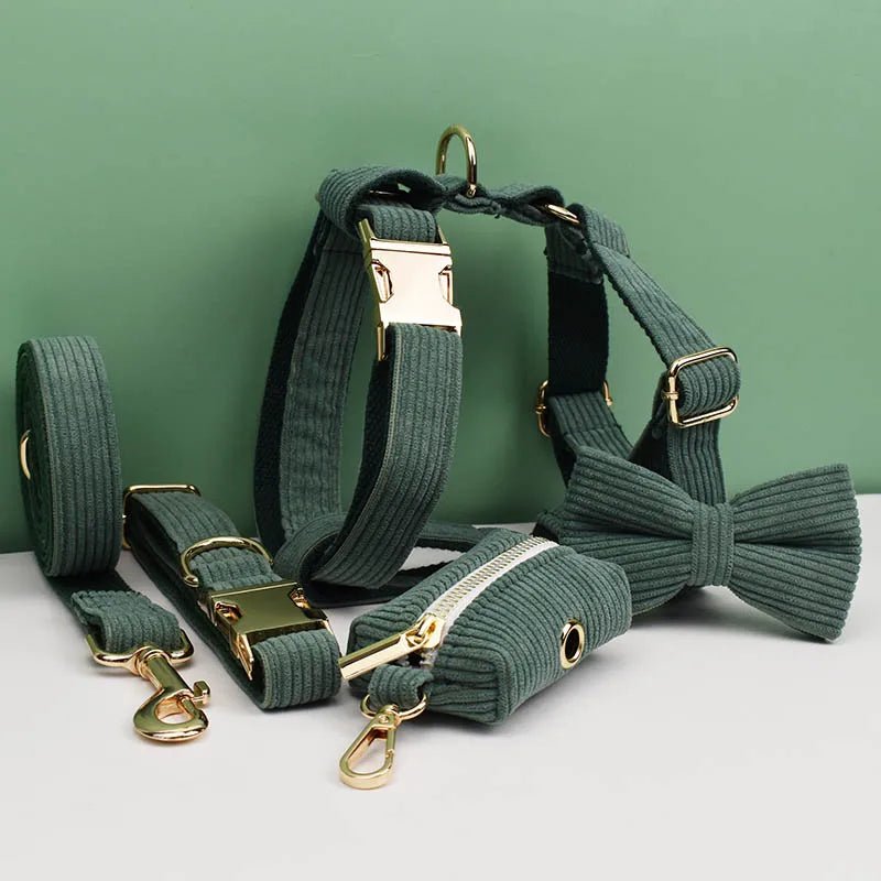 Petspuff Personalised Dark Green Corduroy Dog Collar & Lead Set – Engraved Name Tag, Bow & Harness - Petspuff