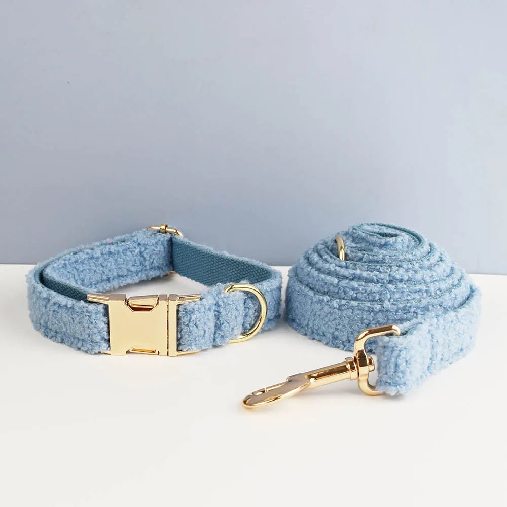 Petspuff Personalised Teddy Fleece Dog Collar, Harness & Lead Set – Engraved Name Tag & Bow - Petspuff