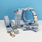 Petspuff Personalised Check Plaid Dog Collar & Lead Set – Engraved Name Tag, Bow & Harness