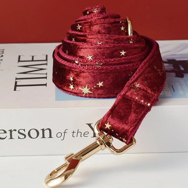 Petspuff Personalised Wine Red Velvet Dog Harness & Lead – Engraved ID Tag, Gold Hardware & Bow