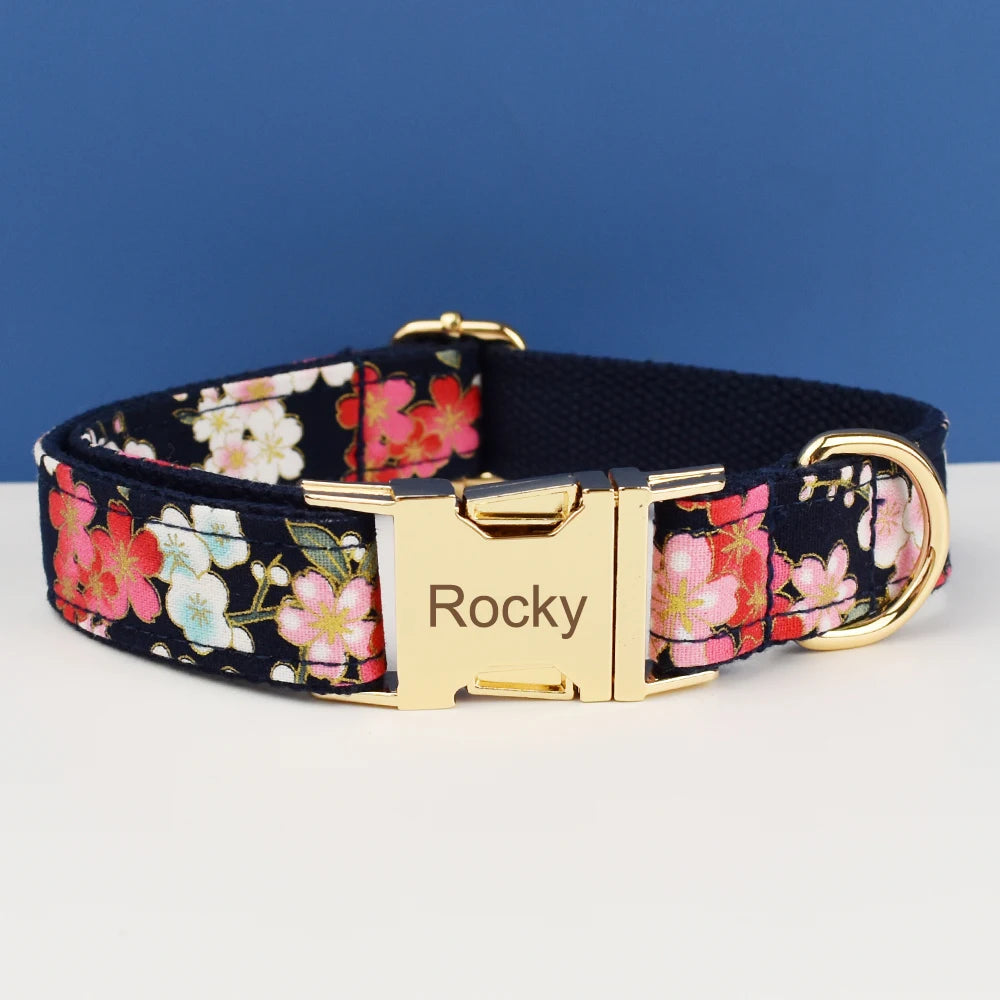 Petspuff Personalised Floral Cotton Dog Collar, Harness & Lead Set – Engraved Name Tag & Bow | Style 03