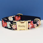 Petspuff Personalised Floral Cotton Dog Collar, Harness & Lead Set – Engraved Name Tag & Bow | Style 03