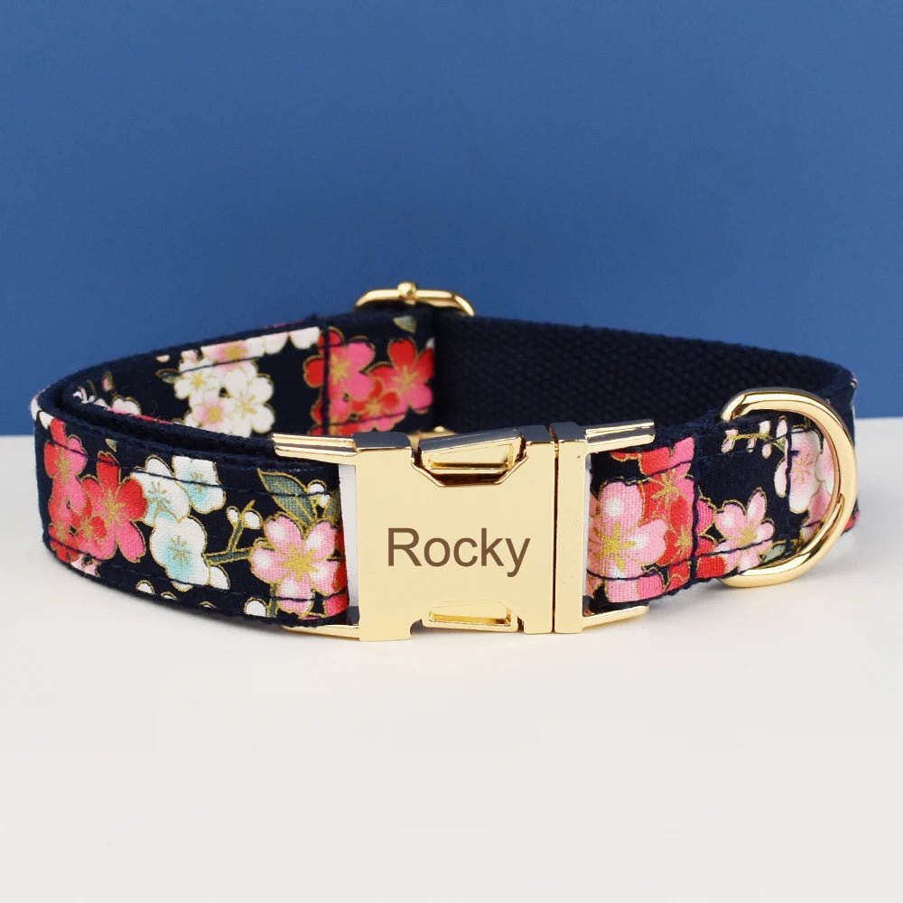 Petspuff Personalised Floral Cotton Dog Collar, Harness & Lead Set – Engraved Name Tag & Bow | Style 03