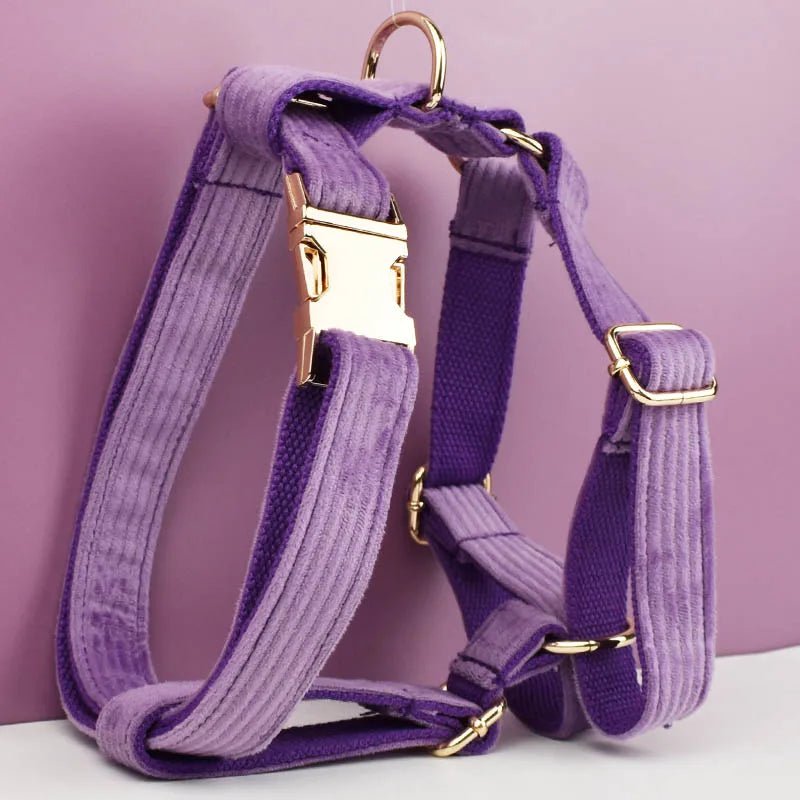 Petspuff Personalised Corduroy Dog Collar & Lead Set – Engraved Name Tag, Bow, Harness & Poop Bag