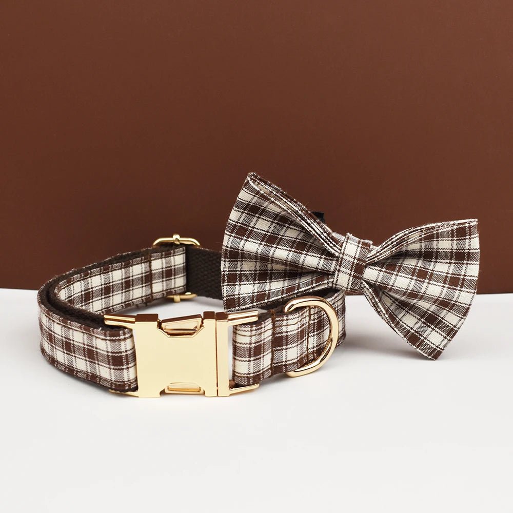 Petspuff Personalised Coffee Plaid Dog Collar, Harness & Lead Set – Engraved Name Tag & Bow