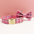 Petspuff Personalised Rose Pink Plaid Dog Collar, Harness & Lead Set – Engraved Name Tag