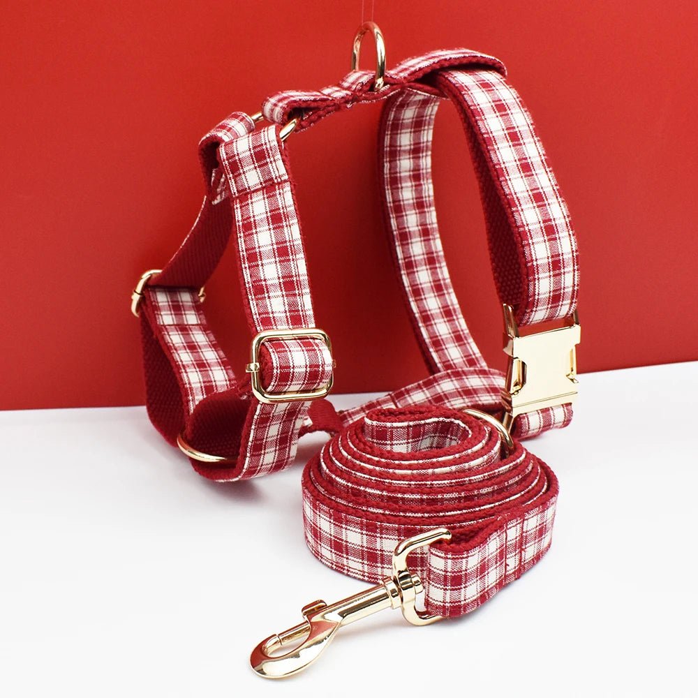 Petspuff Personalised Red Plaid Dog Collar, Harness & Lead Set – Engraved Name Tag & Bow | Style 28