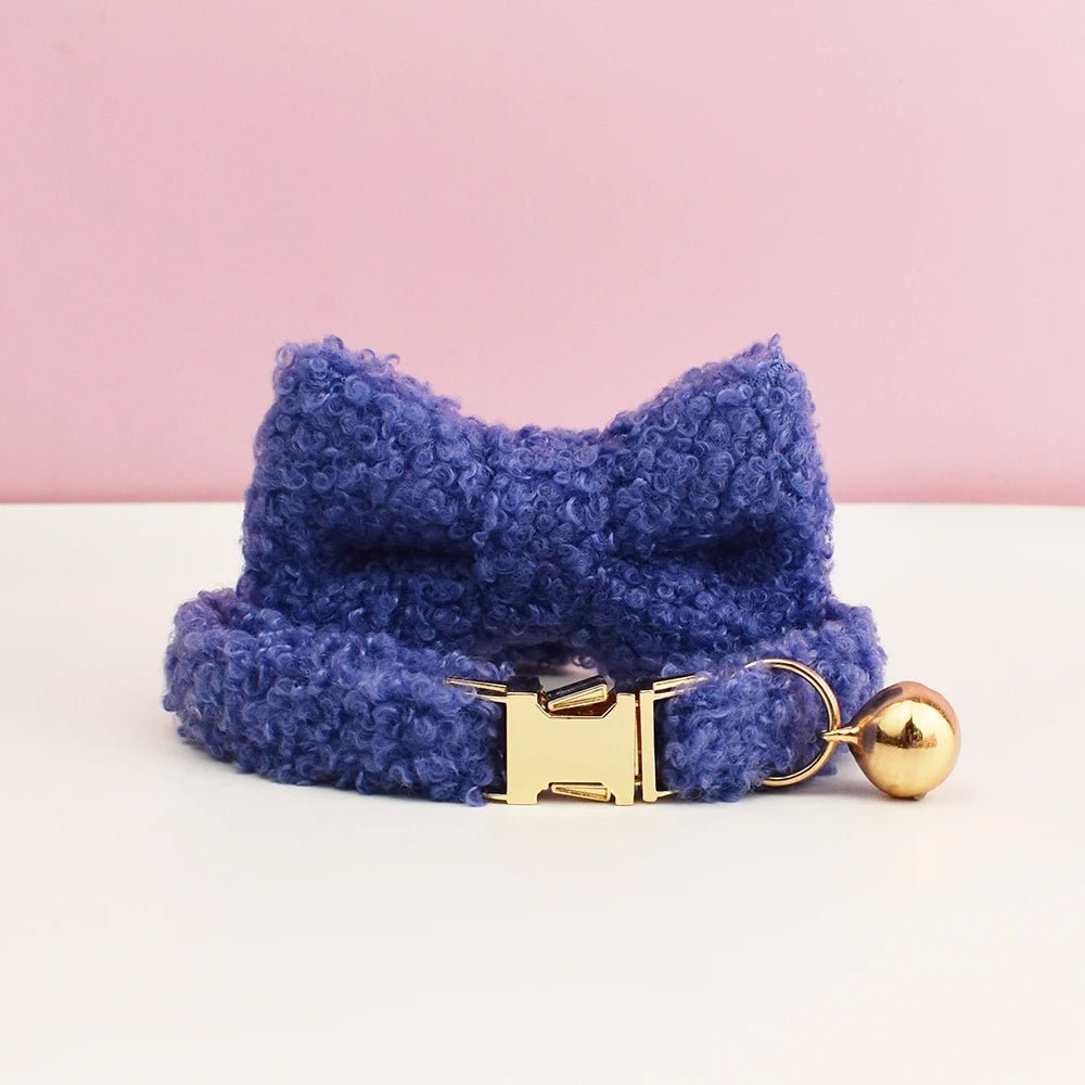 Petspuff Personalised Teddy Fleece Cat Collar with Bell & Bow Tie – Engraved Name Tag