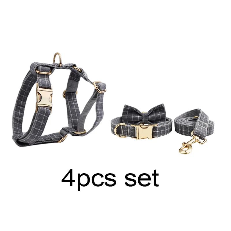 Petspuff Personalised Grey Check Dog Collar, Harness & Lead Set – Engraved Name Tag, Bow & Poop Bag Holder