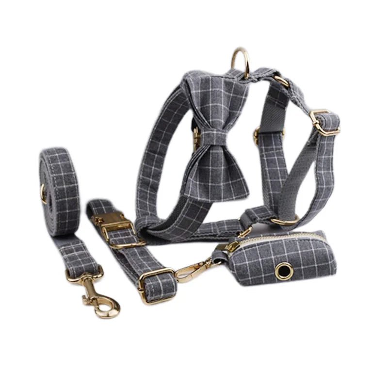 Petspuff Personalised Grey Check Dog Collar, Harness & Lead Set – Engraved Name Tag, Bow & Poop Bag Holder