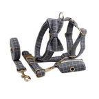 Petspuff Personalised Grey Check Dog Collar, Harness & Lead Set – Engraved Name Tag, Bow & Poop Bag Holder