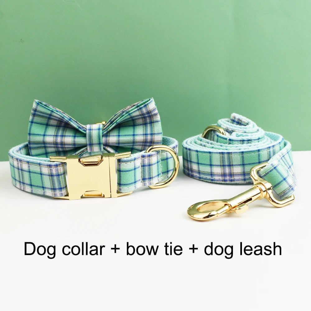 Petspuff Personalised Plaid Bow Dog Collar & Lead – Engraved Name Tag | 7 Designs, XS–XL - Petspuff