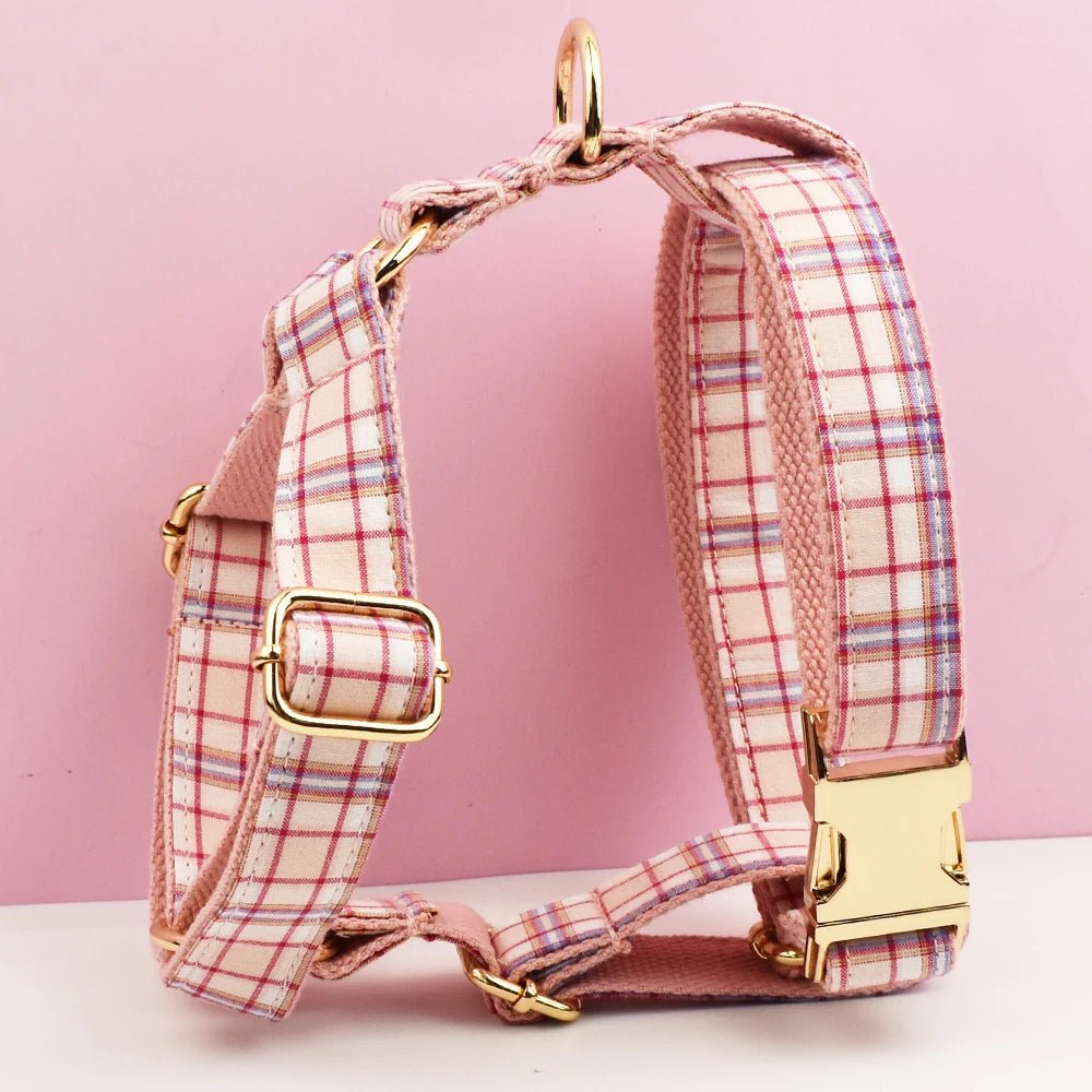 Petspuff Personalised Pink Plaid Dog Collar, Harness & Lead Set – Engraved Name Tag & Bow - Petspuff