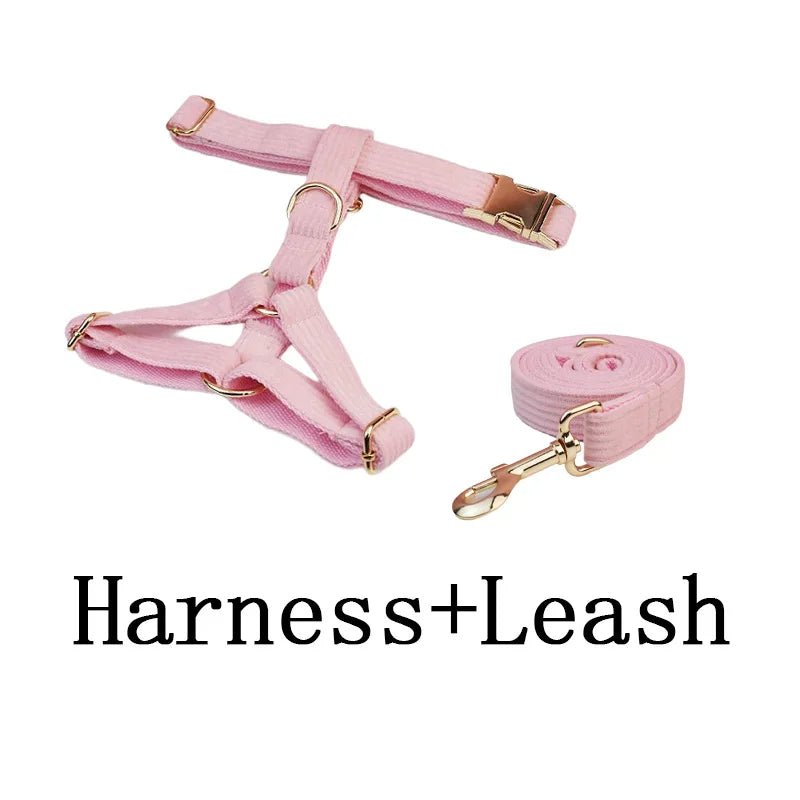 Petspuff Personalised Pink Corduroy Dog Collar & Lead Set – Engraved Name Tag, Bow & Harness