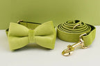 Petspuff Personalised Avocado Green Velvet Dog Collar & Lead Set – Engraved Name Tag, Bow & Harness - Petspuff