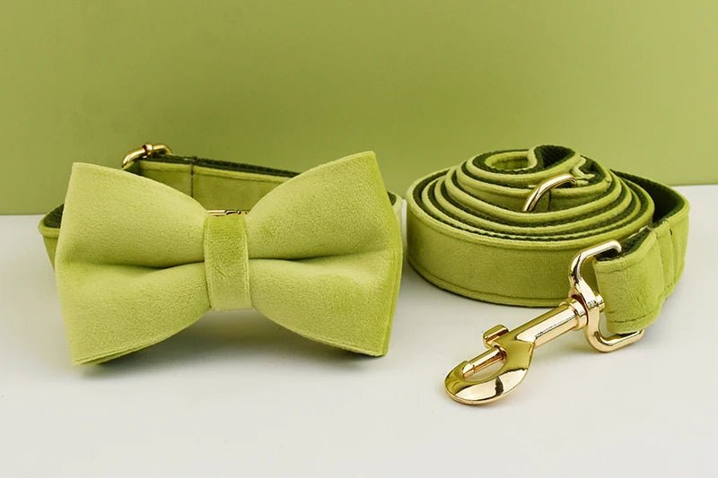 Petspuff Personalised Avocado Green Velvet Dog Collar & Lead Set – Engraved Name Tag, Bow & Harness - Petspuff