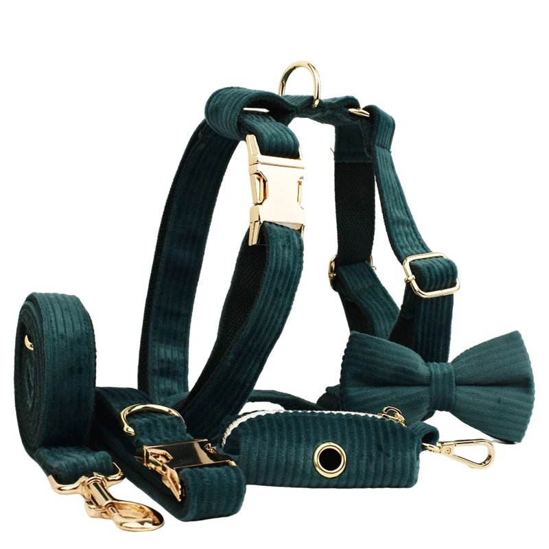 Petspuff Personalised Forest Green Corduroy Dog Collar & Lead Set – Engraved Name Tag, Bow & Harness - Petspuff