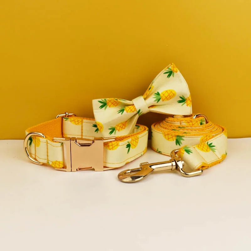 Petspuff Personalised Fruit & Animal Print Bow Tie Dog Collar & Lead – Engraved Name Tag | 8 Designs - Petspuff