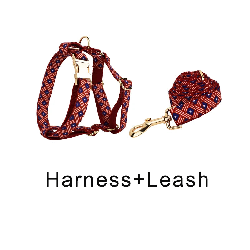 Petspuff Flag Print Cotton Dog Collar, Harness & Lead Set with Bow – XS–XL