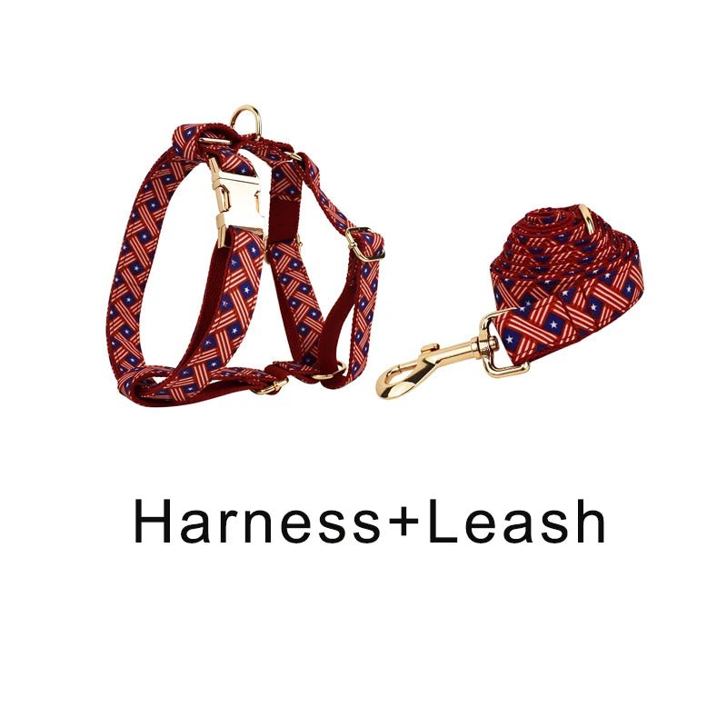 Petspuff Flag Print Cotton Dog Collar, Harness & Lead Set with Bow – XS–XL