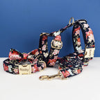Petspuff Personalised Floral Cotton Dog Collar, Harness & Lead Set – Engraved Name Tag & Bow | Style 03
