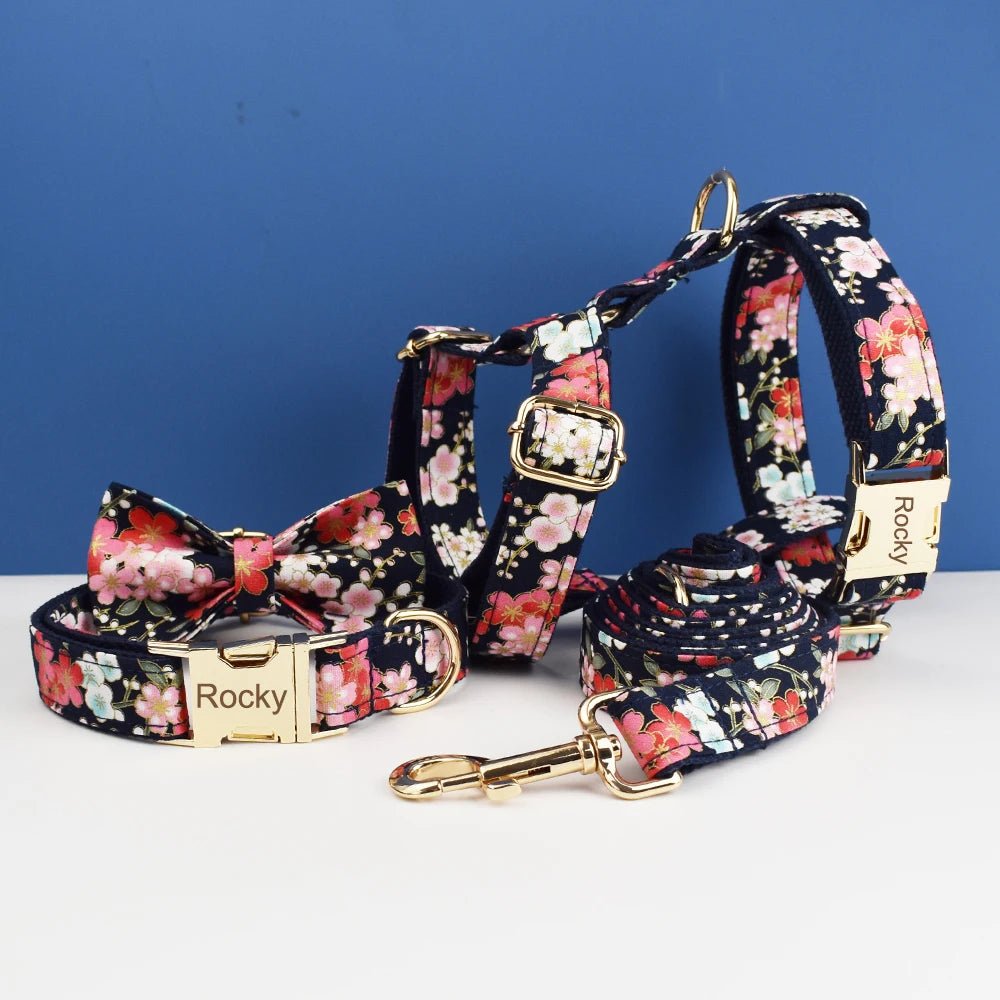 Petspuff Personalised Floral Cotton Dog Collar, Harness & Lead Set – Engraved Name Tag & Bow | Style 03