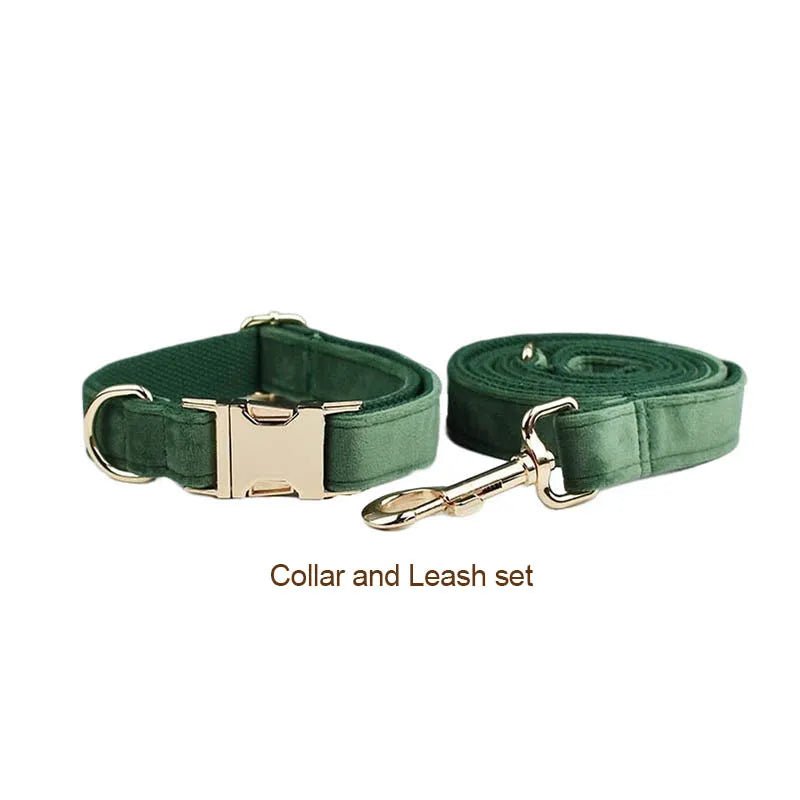Petspuff Personalised Forest Green Velvet Dog Collar & Lead Set – Engraved Name Tag, Bow & Harness - Petspuff